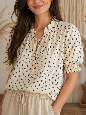 Tamara H Polka Dot Blouse Cream Black Ruffle Neck Tie Front Puff Sleeve Sheer